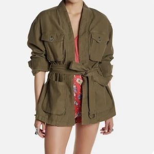 Free People Army Green Open Front Tie Nature Cargo Jacket Size M NWT